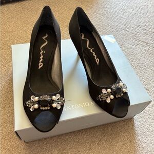Nina Black Satin Peep-Toe Heels with Jewel Accents